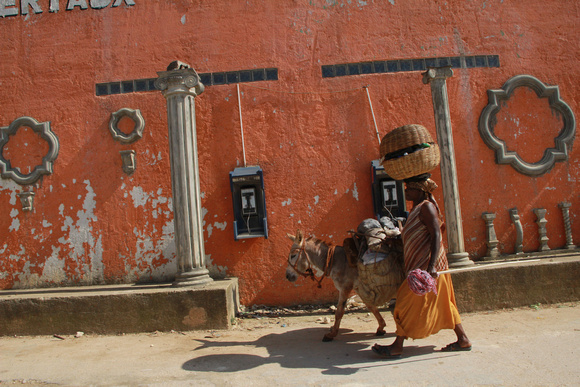 Woman, donkey walking by pay phones